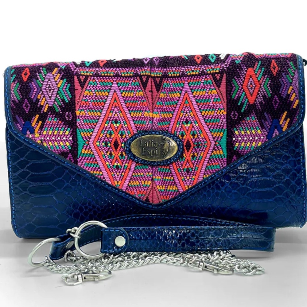 Blue Clutch with Geometric Flap Design and Textured Finish